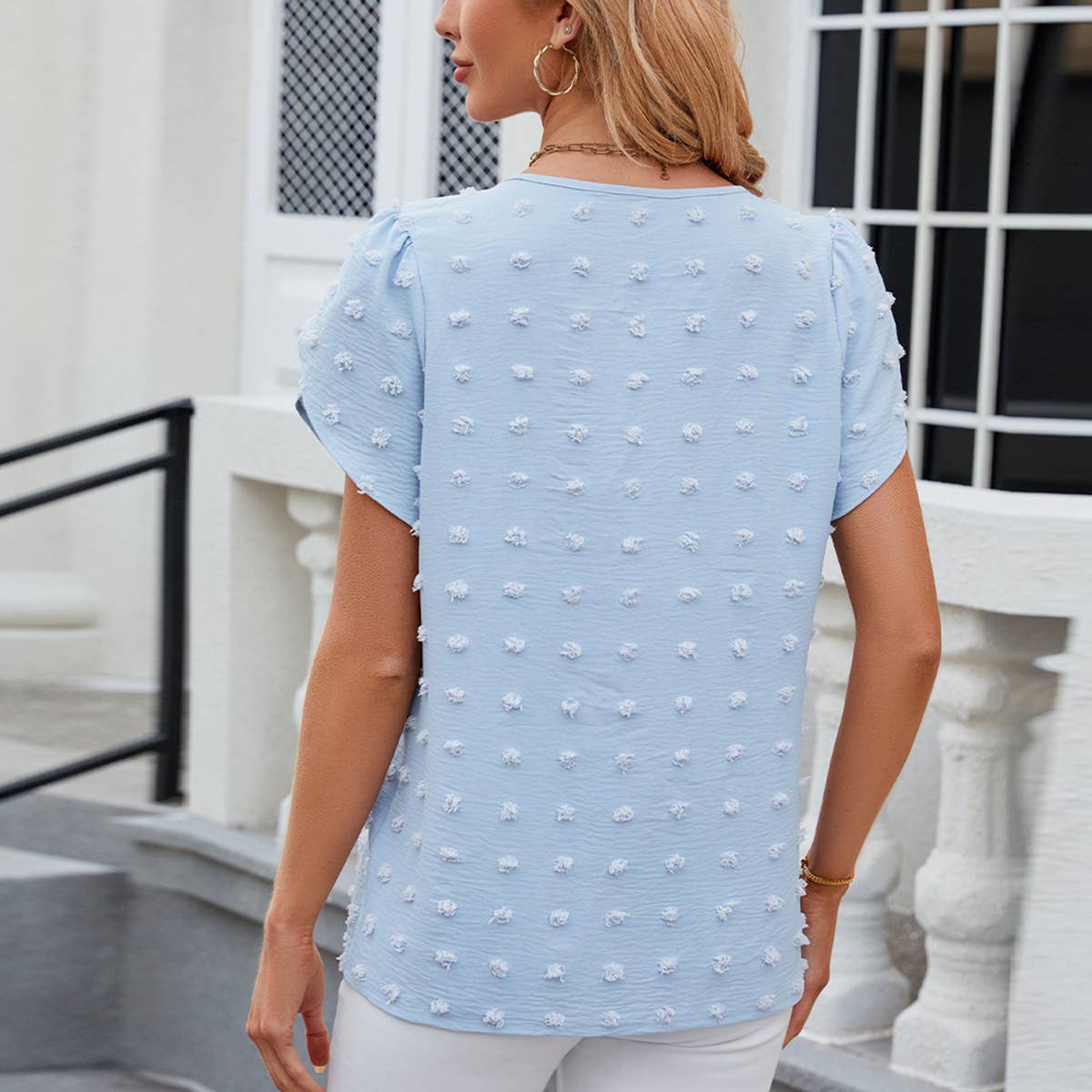 Jacquard solid color short sleeved chiffon shirt