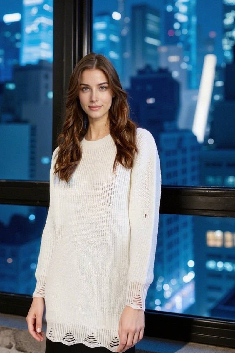 CWDSD10563_SOLID COLOR LOOSE SWEATER WITH RIPPED HEM