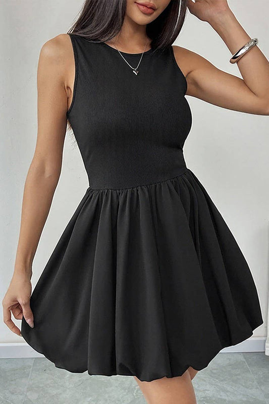 CWDSD6995_SOLID SLEEVELESS BACKLESS PLEATED TANK DRESS