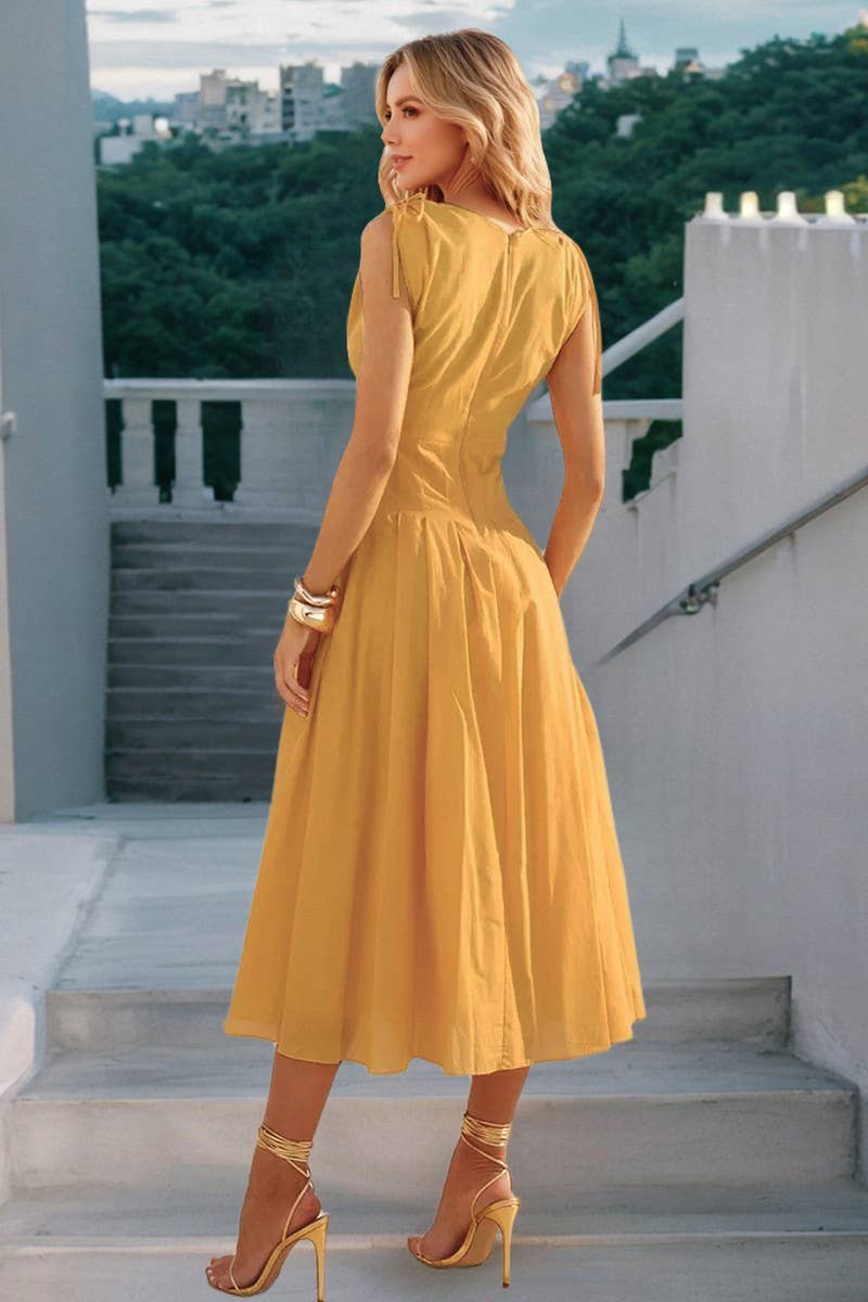 CWDMD6203_ELEGANT V-NECK TIE WAIST A-LINE DRESS