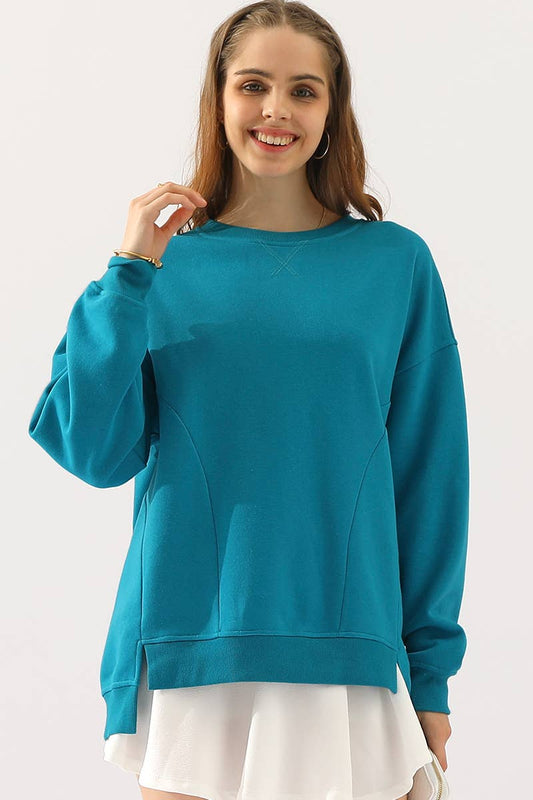 Cwttl905_Long Sleeve Round Neck Cut Hem Sweatshirt