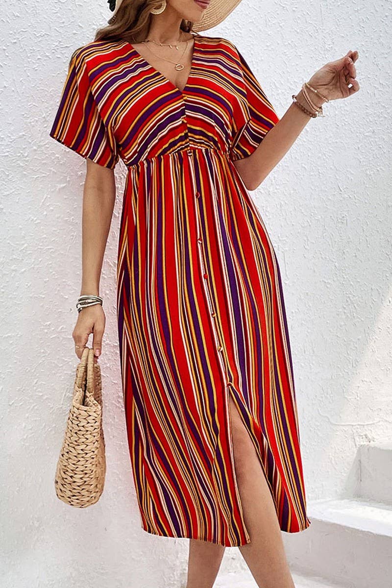 CWDMD4680_COLORFUL STRIPED V-NECK CASUAL HIGH WAIST DRESS