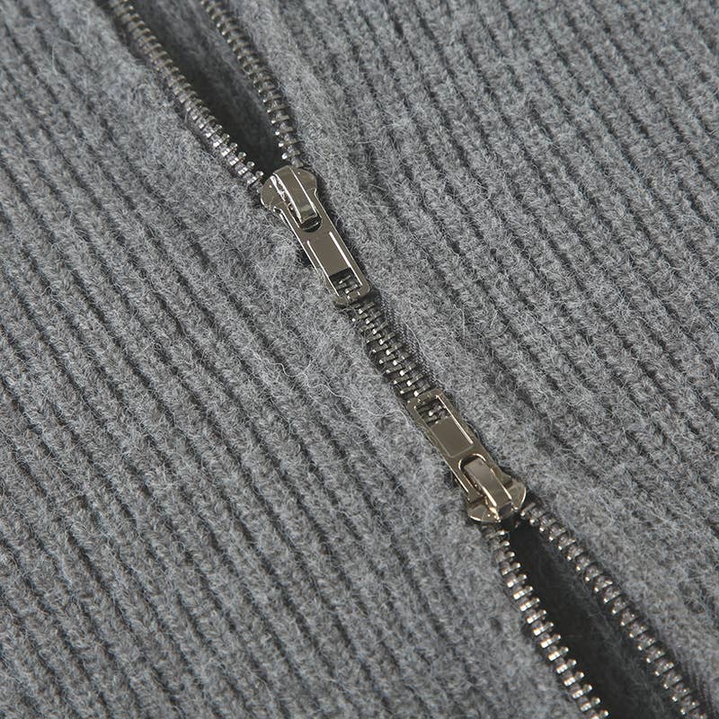 SOLID COLOR CARDIGAN WITH DOUBLE ZIP HEAD LAPEL