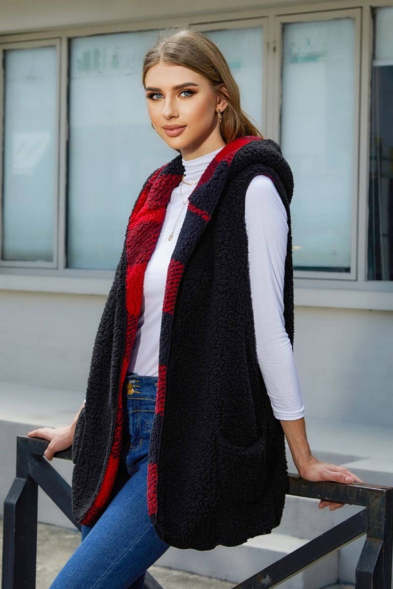 WOMEN FASHION UNBUTTONED PLAID PLUSH VEST_CWOV0086