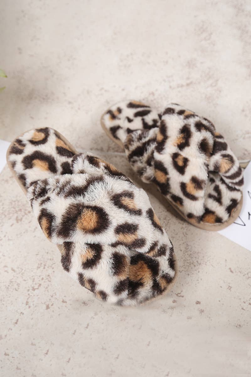 LEOPARD PATTERN CROSS FLUFFY HOME BEDROOM SLIPPERS