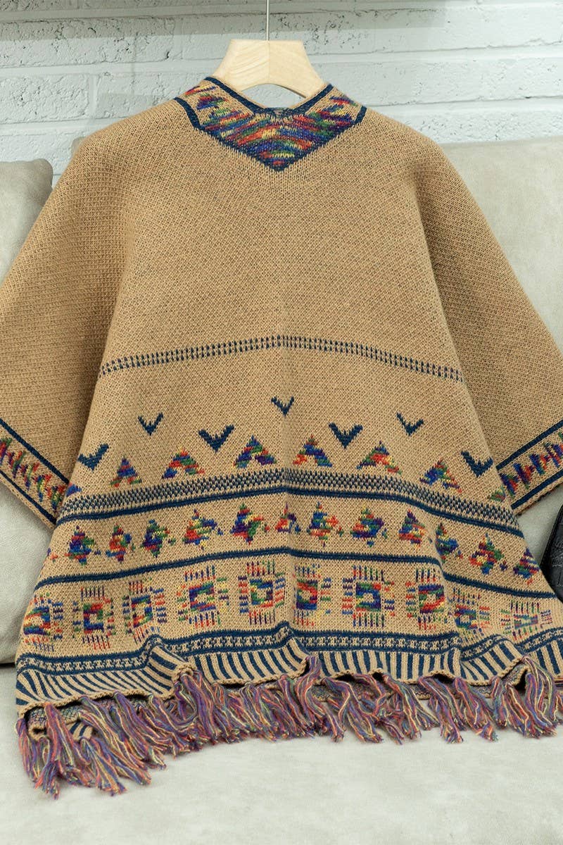 CWOSWS0090_LOOSE KNITTED TASSEL JACQUARD CAPE SHAWL