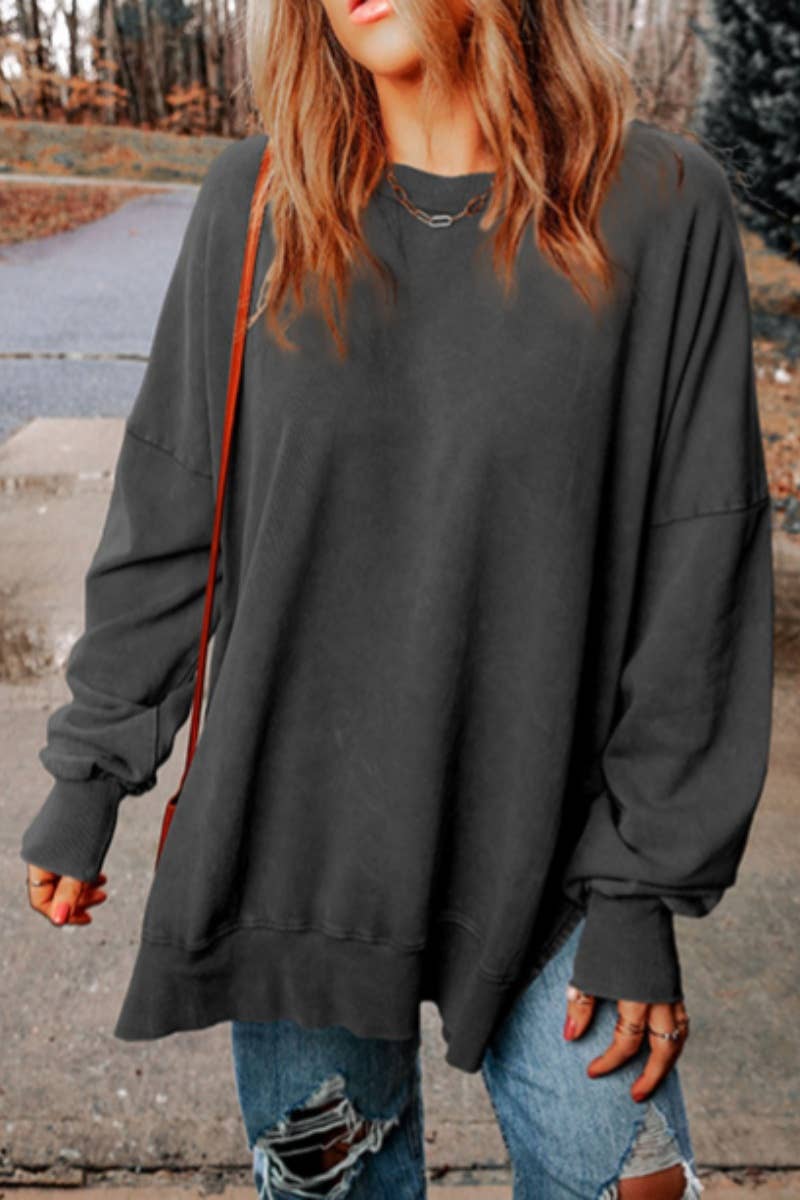 CWOHOL1055_SOLID COLOR CREW-NECK LONG-SLEEVED SLIT HOODIE