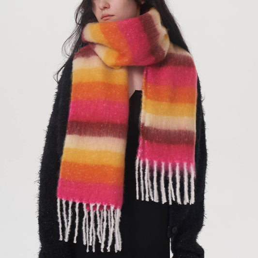 WOMEN STRIPED FRINGED PLAID SCARF