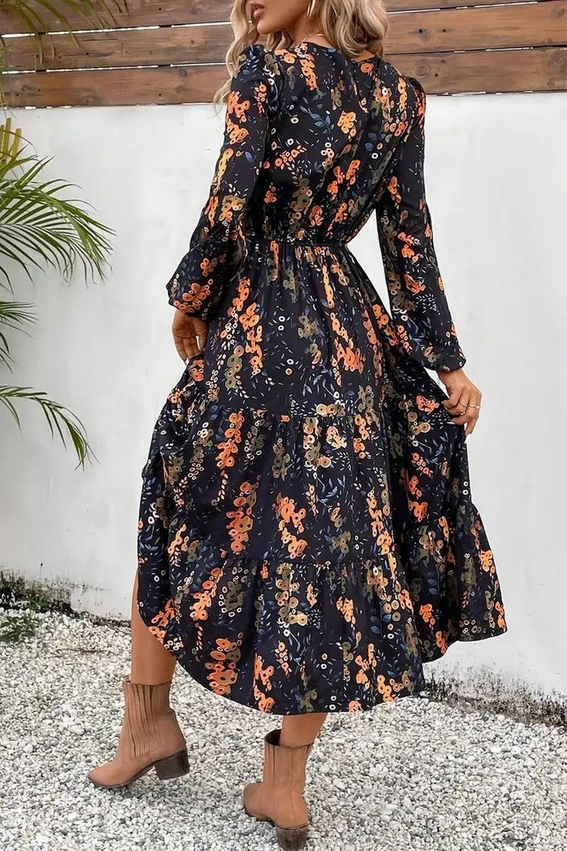 CWDMD5594_FASHION FLORAL PRINT ROUND NECK LONG SLEEVE DRESS