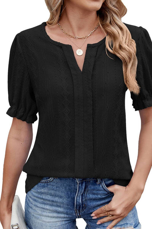 Cwtts1331_Summer V-Neck Loose Puff Sleeve Jacquard T-Shirt