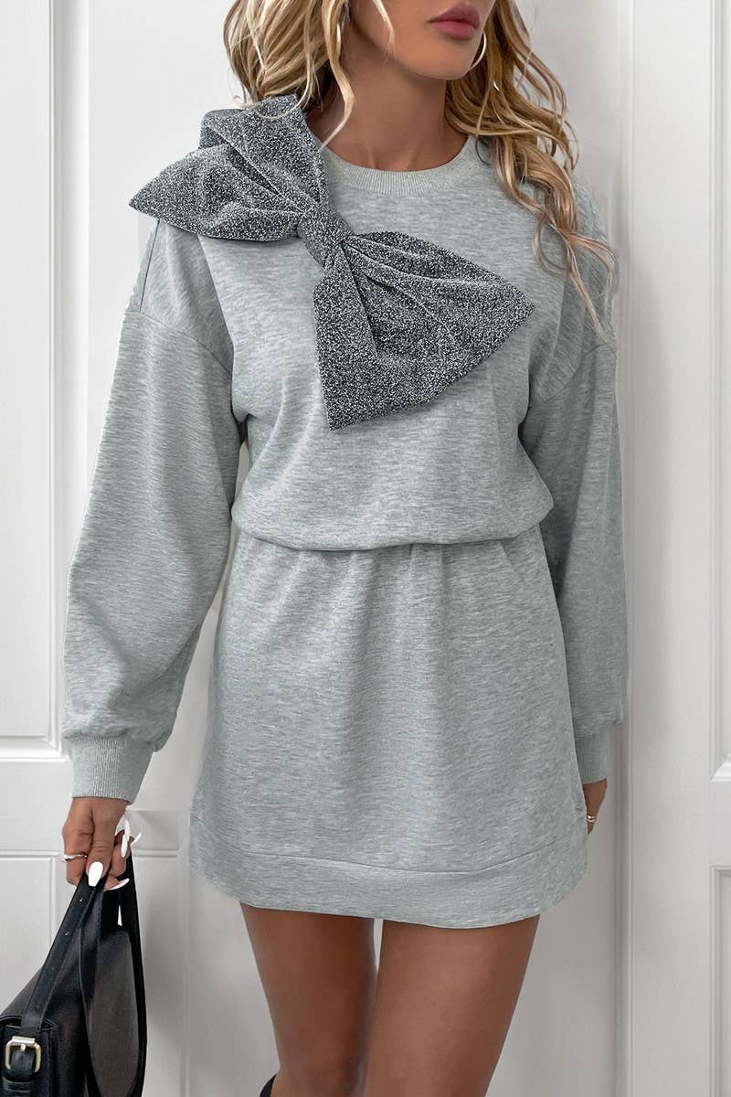 CWDSD6402_MID-LENGTH 3D BOW PARTY SWEATSHIRT DRESS