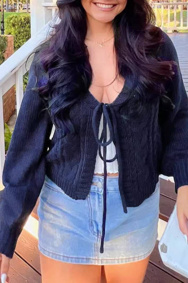 CWOCAL00827_SOLID V NECK CABLE KNIT TIE FRONT CARDIGAN