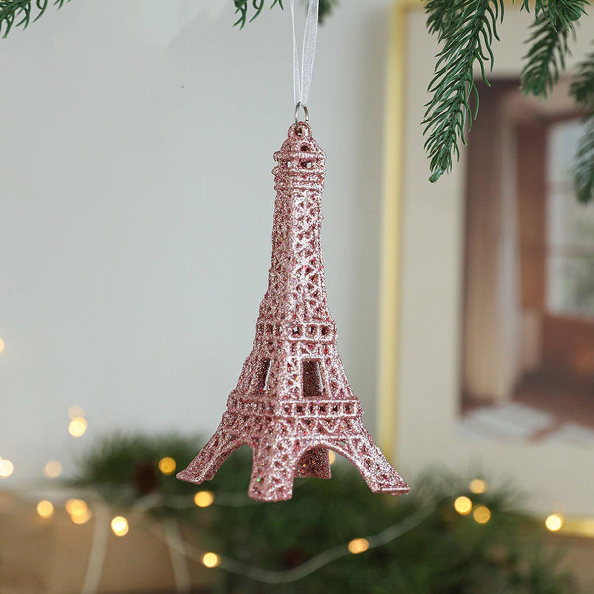 Plastic Pink Gold Glitter Xmas Tree Hanging Decor_CWMM9762