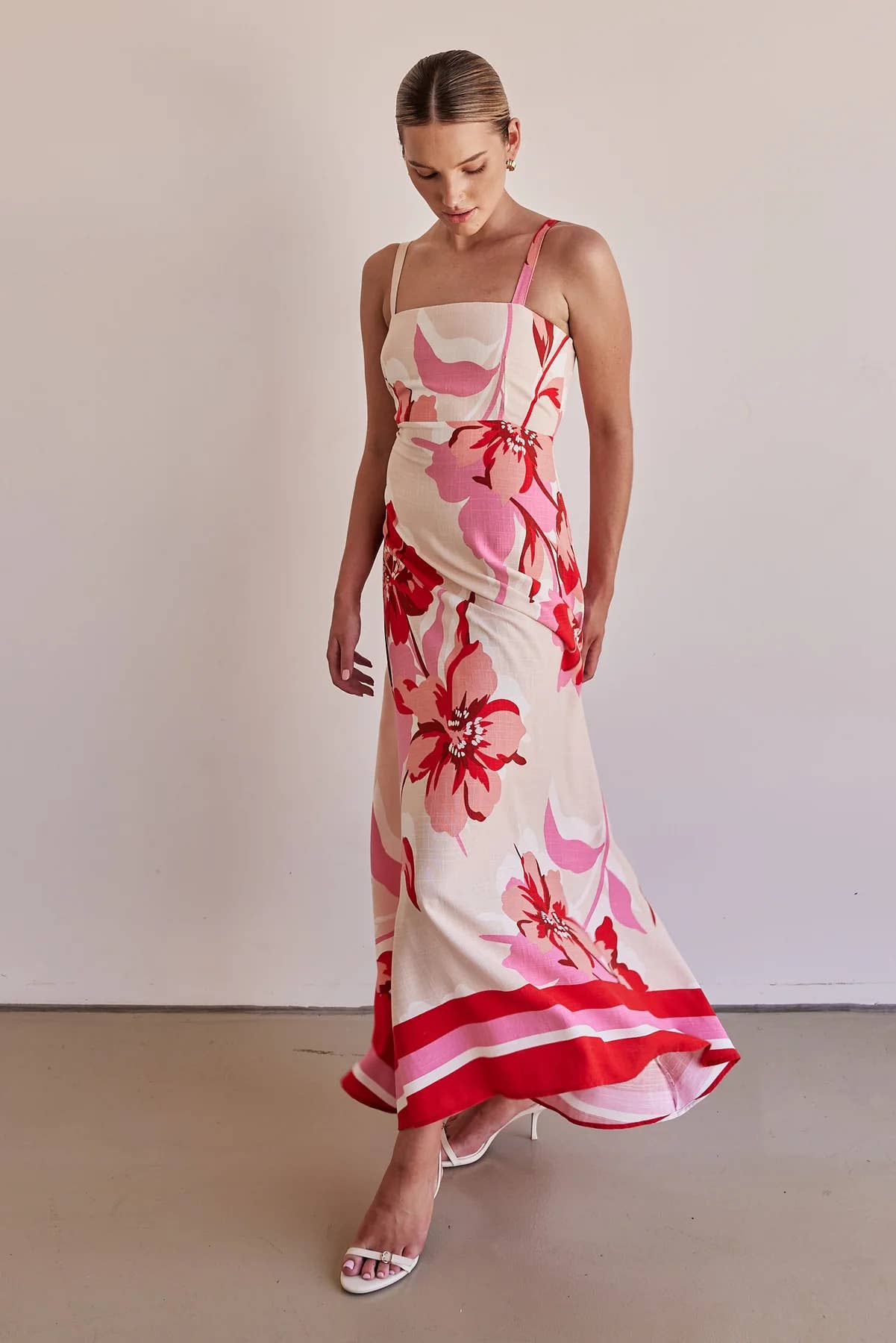 Holiday-chic slim floral print long halter dress
