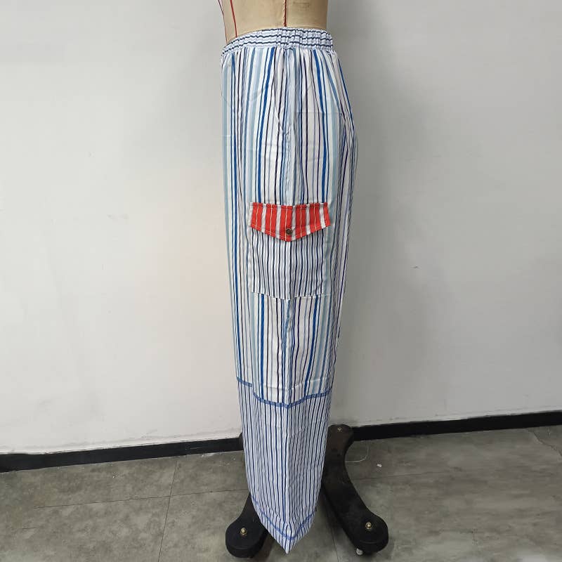 Plaid patchwork striped elastic-waist pants