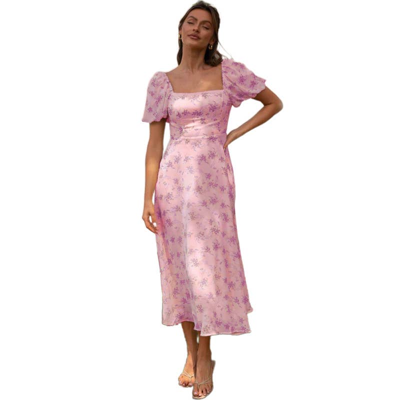 PRINTED LINE NECK DRESS WITH PUFFY SLEEVES