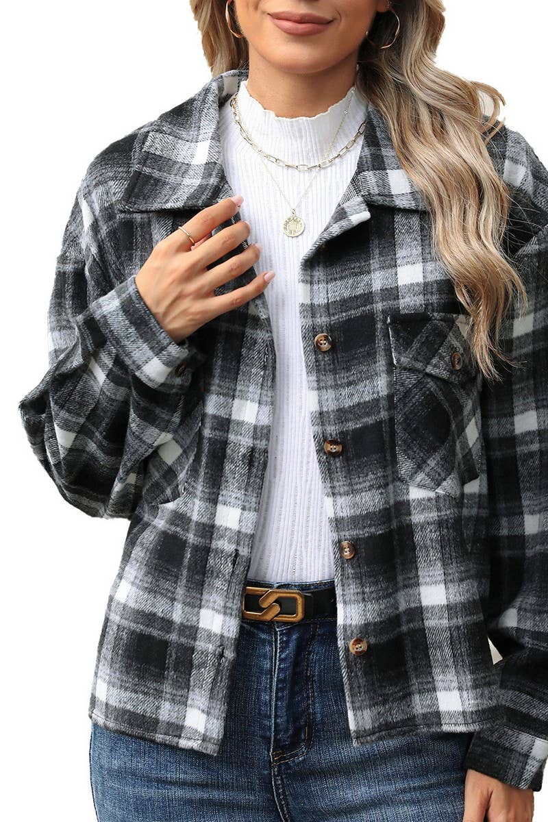 CWOCO0872_LONG SLEEVE LAPEL LOOSE POCKET PLAID COATS