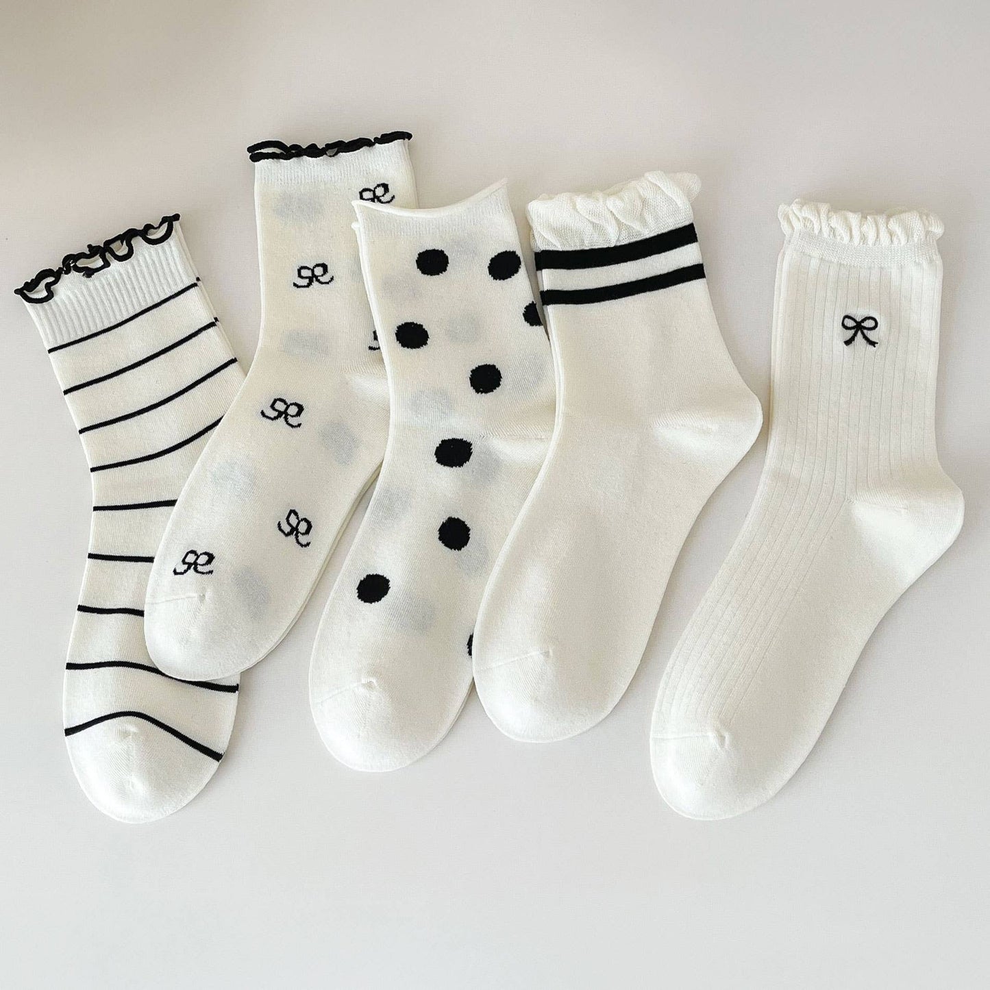 Cute Dots, Stripes,Bow Ruffle White Crew Socks