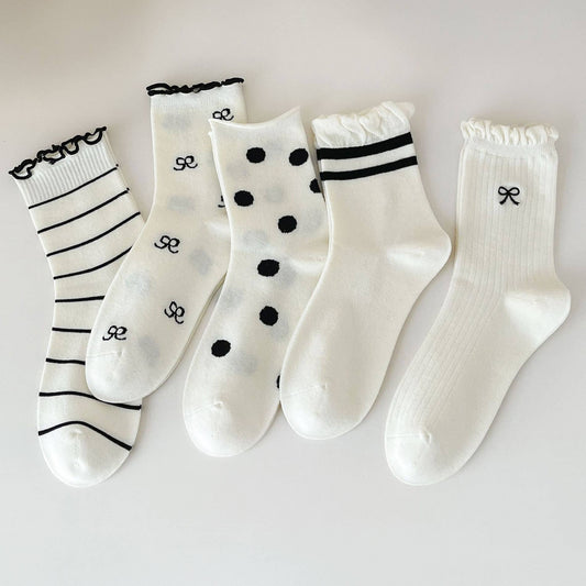 Cute Dots, Stripes,Bow Ruffle White Crew Socks