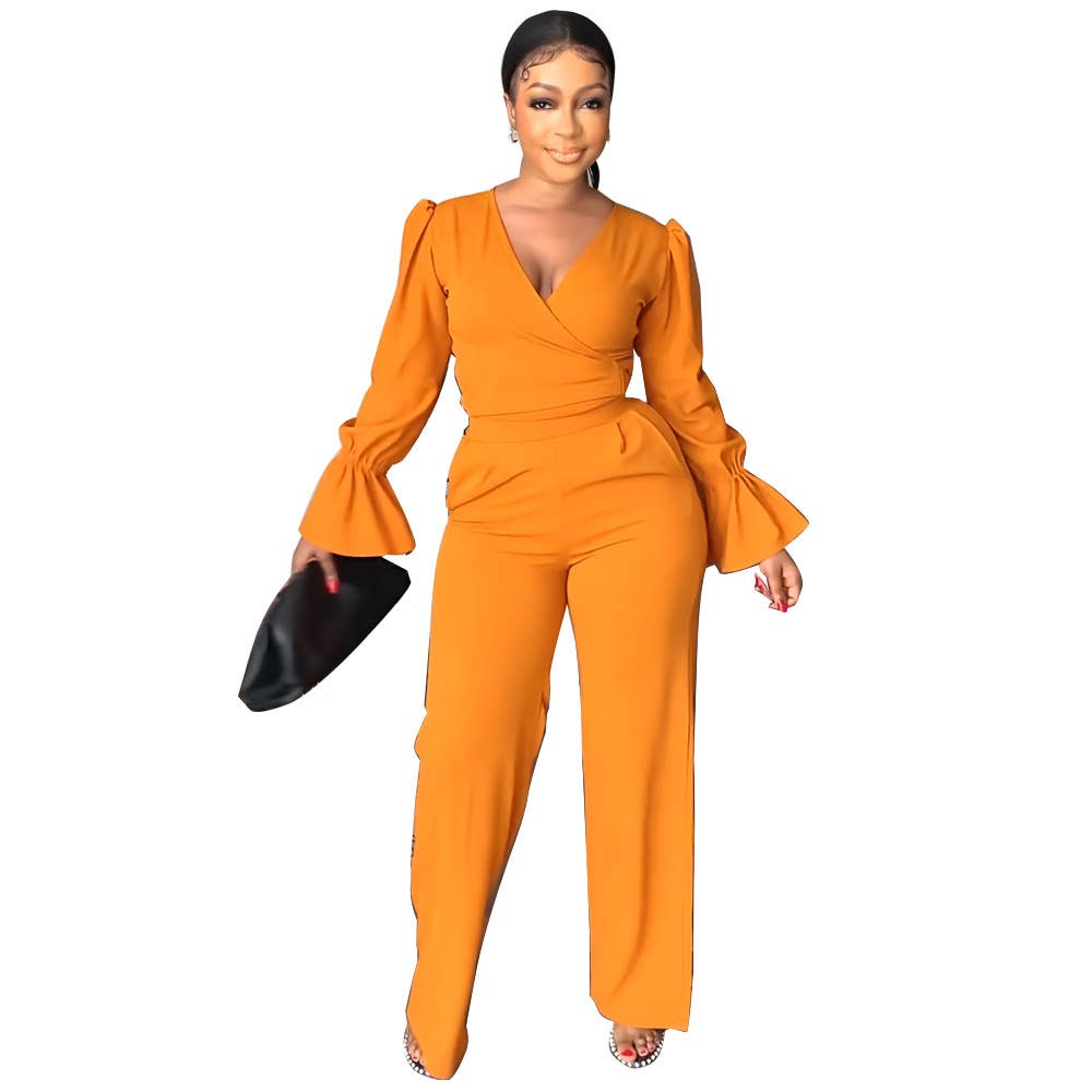 TWO-PIECE V-NECK FLARED SLEEVE TOP WIDE-LEG PANTS