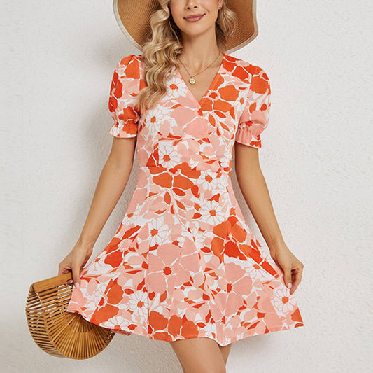 V-NECK PRINTED WAIST SKIRT DRESS