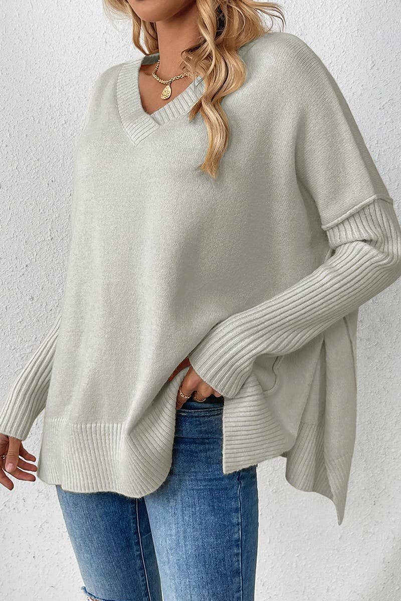 CWOCAL0805_V-NECK LOOSE STITCHING LONG-SLEEVED SWEATER