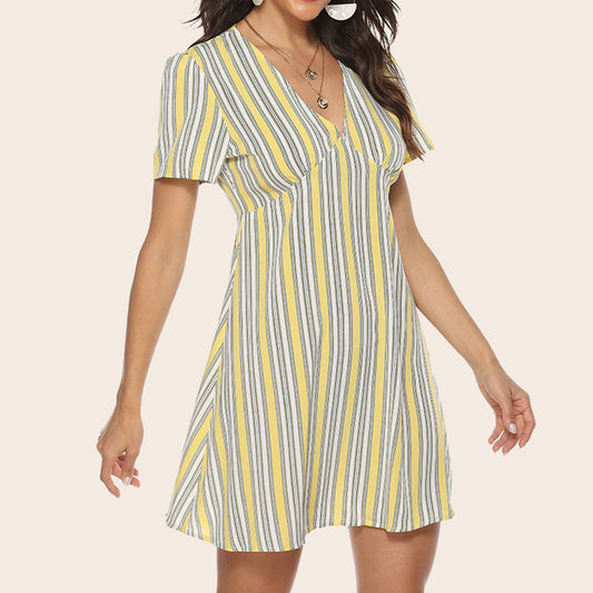 Lemon yellow striped V-neck short-sleeved dress
