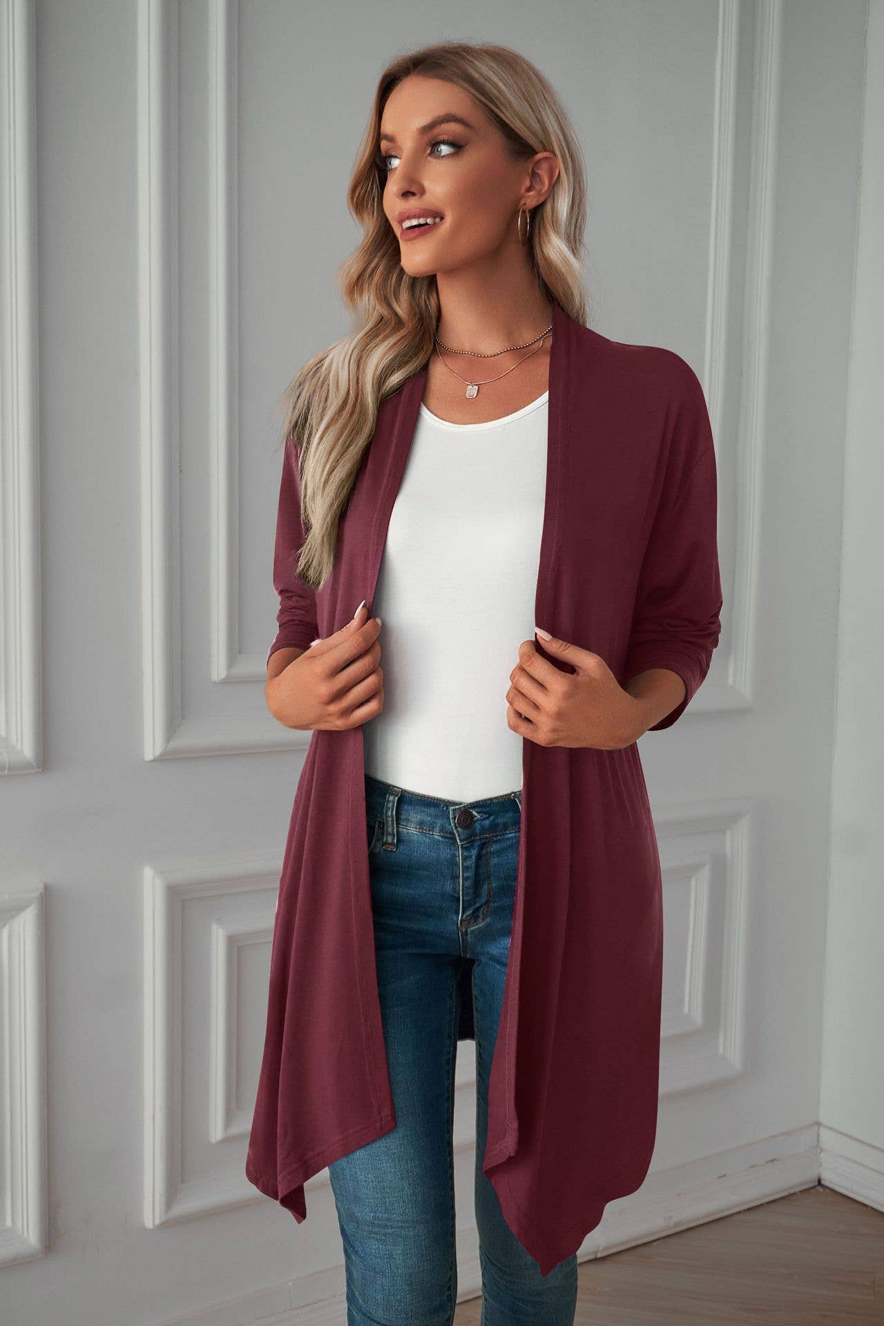 Solid-color,buttonless long-sleeved cardigan