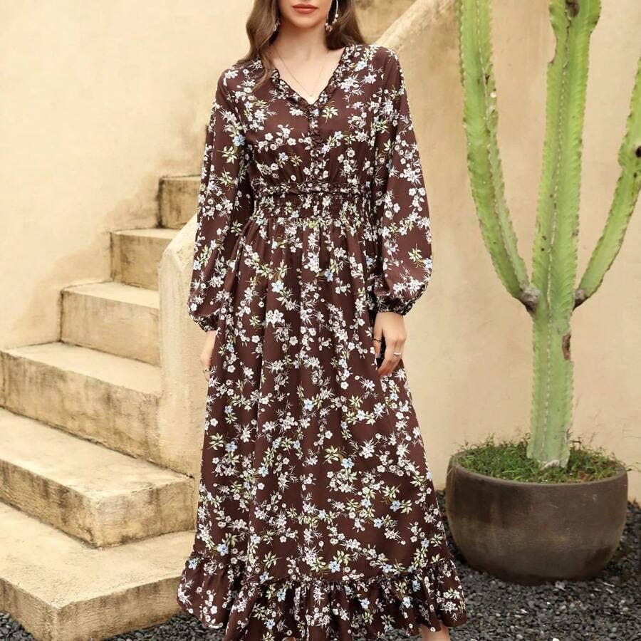WOMEN'S BOHO LONG-SLEEVED PRINTED LONG DRESS