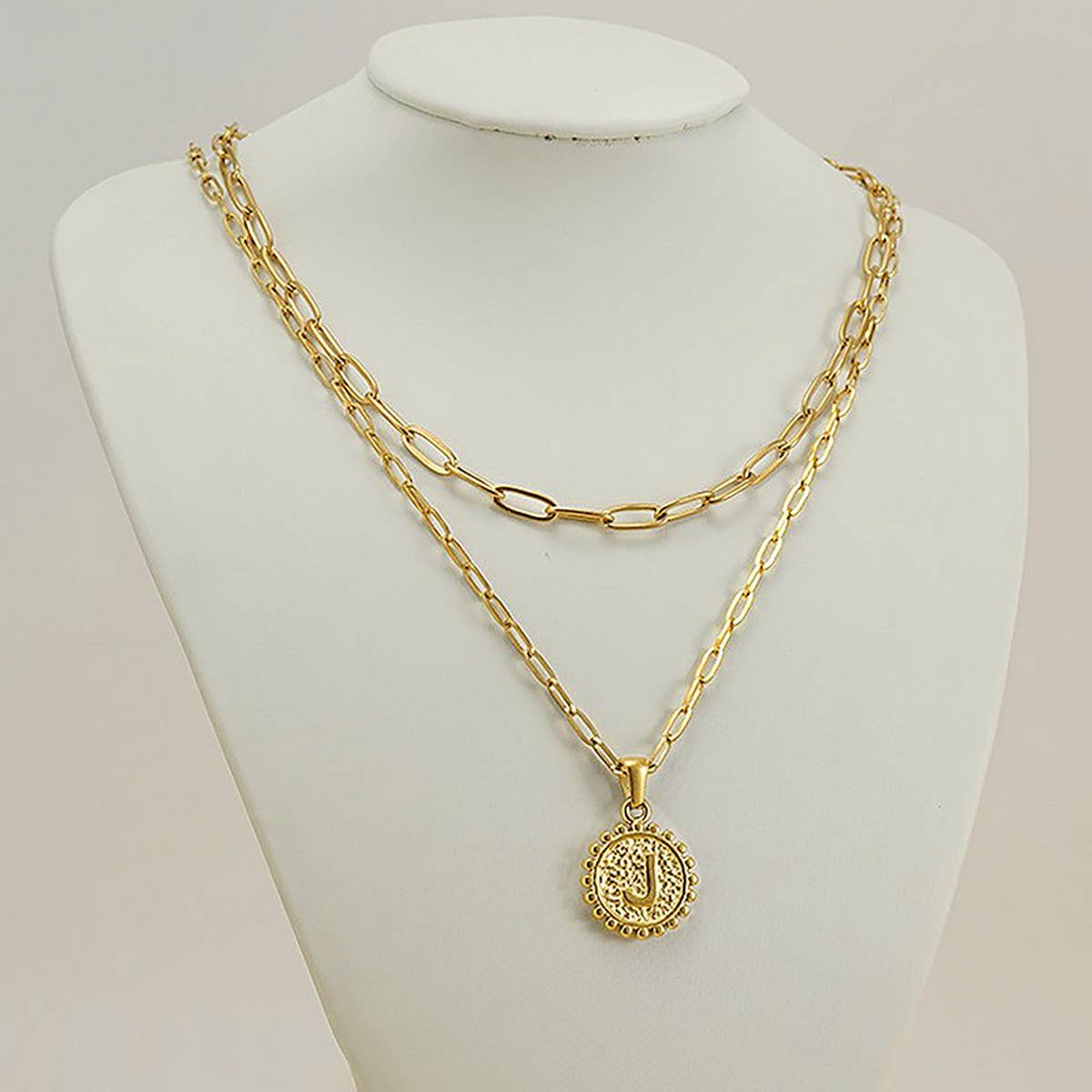 CWAJE1943_Round Paper Clip Letter Double Necklace,Gold