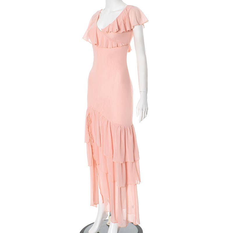 Ruffled V-Neck Mesh Backless Midi Dress