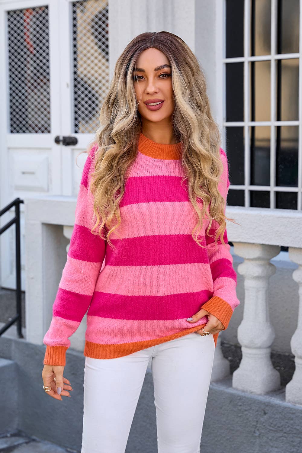 STRIPED PLUS-SIZE PATCHWORK SWEATER FOR WOMEN