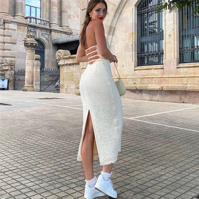 Sexy V-neck hollow backless halter tie dress