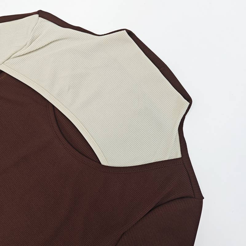 Semi-high-neck cutout waist base T-shirt