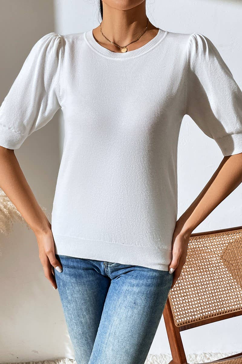 Cwtts0731_Crew Neck Puff Short Slv Soft Pullover Sweater