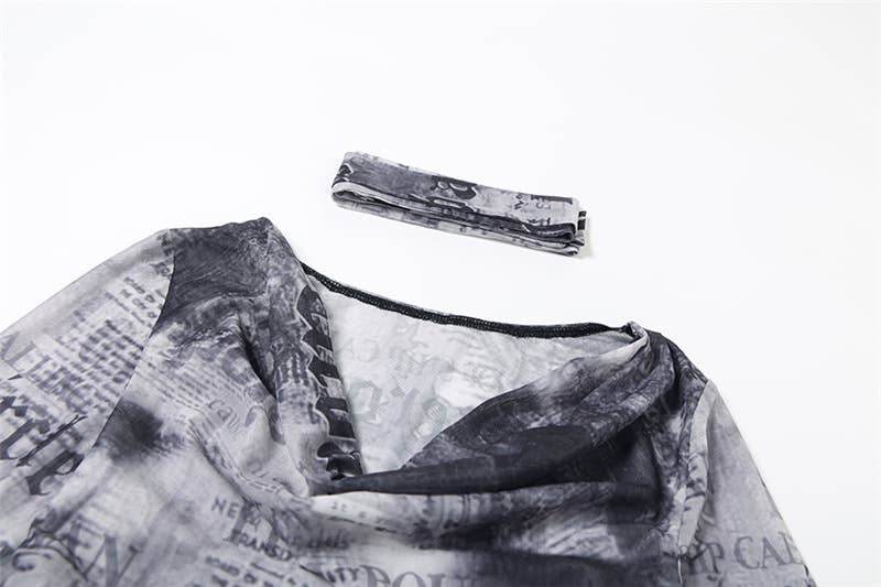 FASHION SLIM-FIT NEWSPAPER PRINT SEE-THROUGH TOP