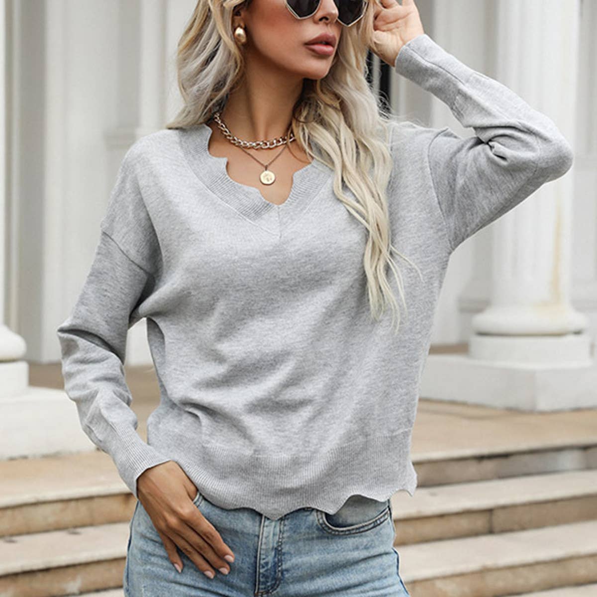 FALL LOOSE LONG-SLEEVED GRAY LACE SWEATER