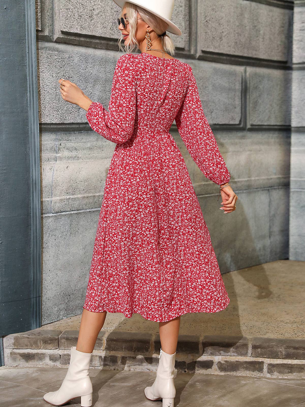 V-NECK WAIST PRINT DRESS