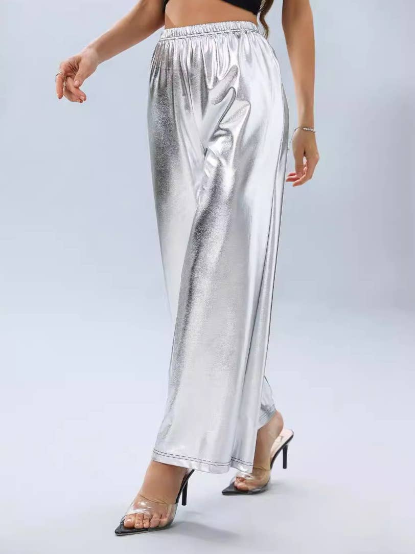 PRESSED SILVER LOOSE HIGH-WAISTED CASUAL PANTS