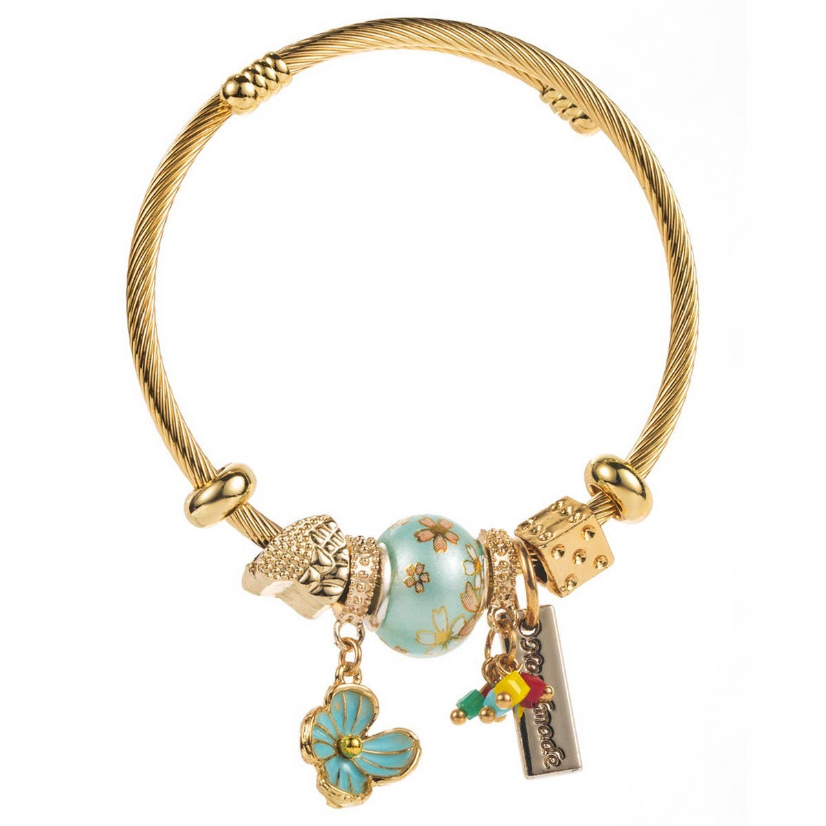 Trendy Beaded Steel Bracelet with Flower Charm