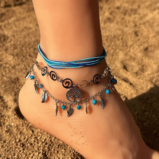 Boho Tassel Anklet Set Tree of Life & Leaf Charms_CWMM6355