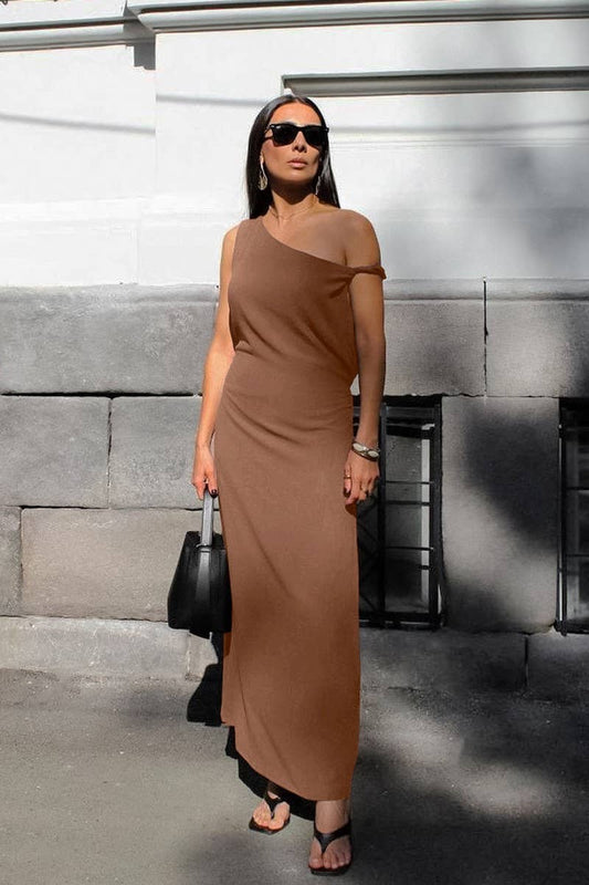 CWDMD6096_LINEN COTTON ASYMMETRICAL NECKLINE SHORT DRESS