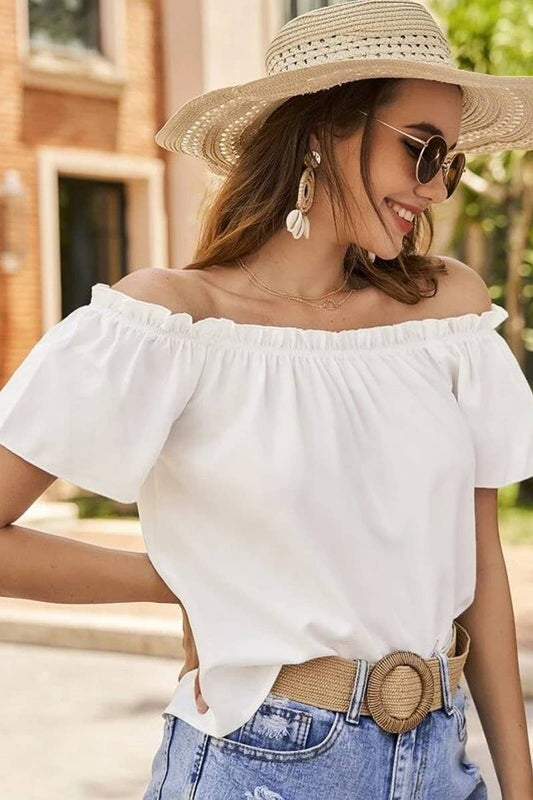 Cwtbls1493_Solid Color Off-Shoulder Ruffle Shirt Top
