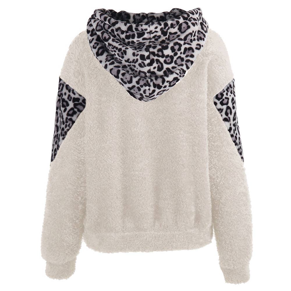 LEOPARD PRINT SPLICED DOUBLE-SIDED PLUSH HOODIE