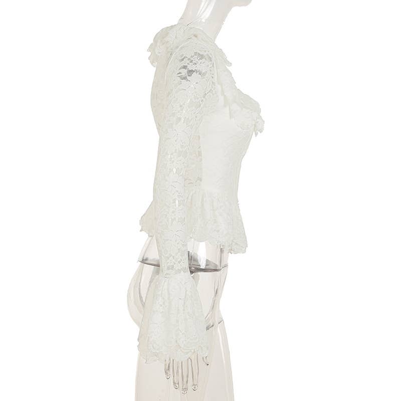 Square collar flared sleeve lace shirt of top