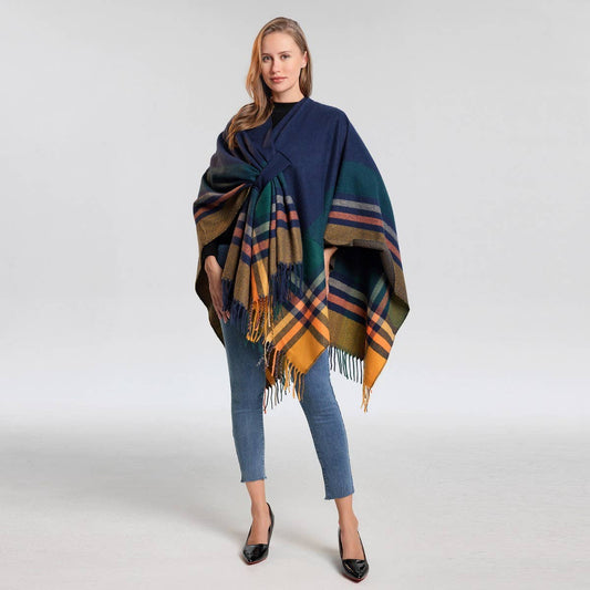 KNITTED FRINGED SHAWL DOUBLE-SIDED PLAID SCARF