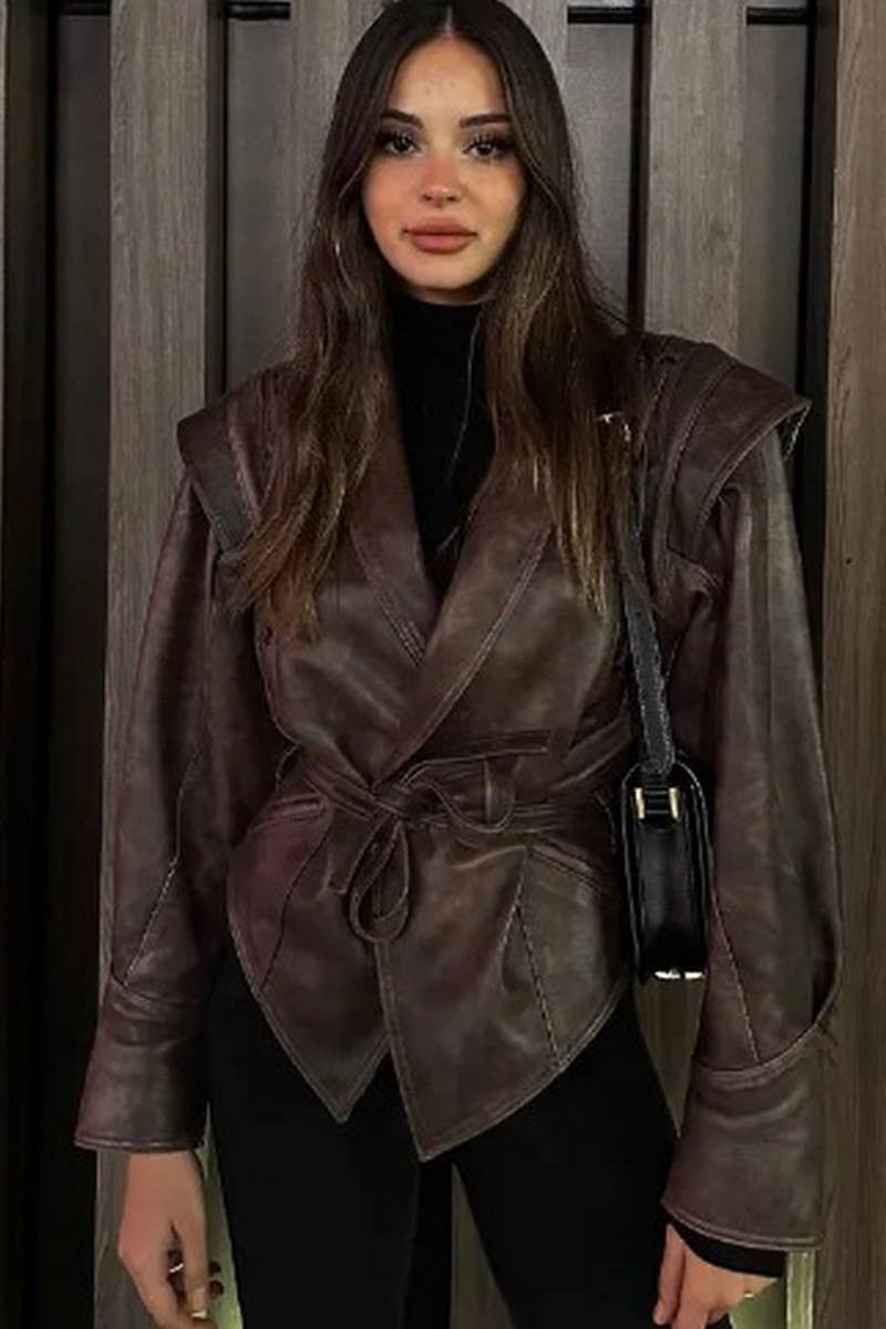 CWOCO1063_VINTAGE CASUAL LACE-UP FAUX LEATHER JACKET