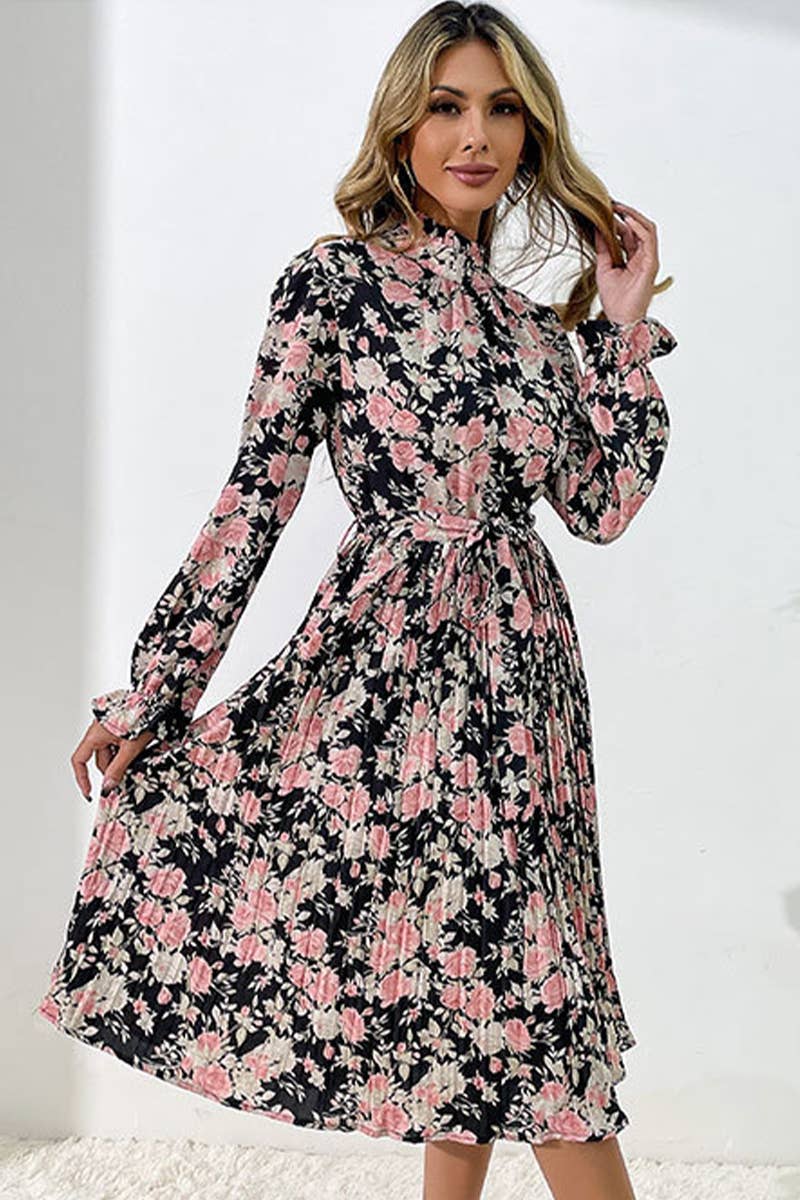 PRINTED LONG-SLEEVED HALF-TURTLENECK DRESS