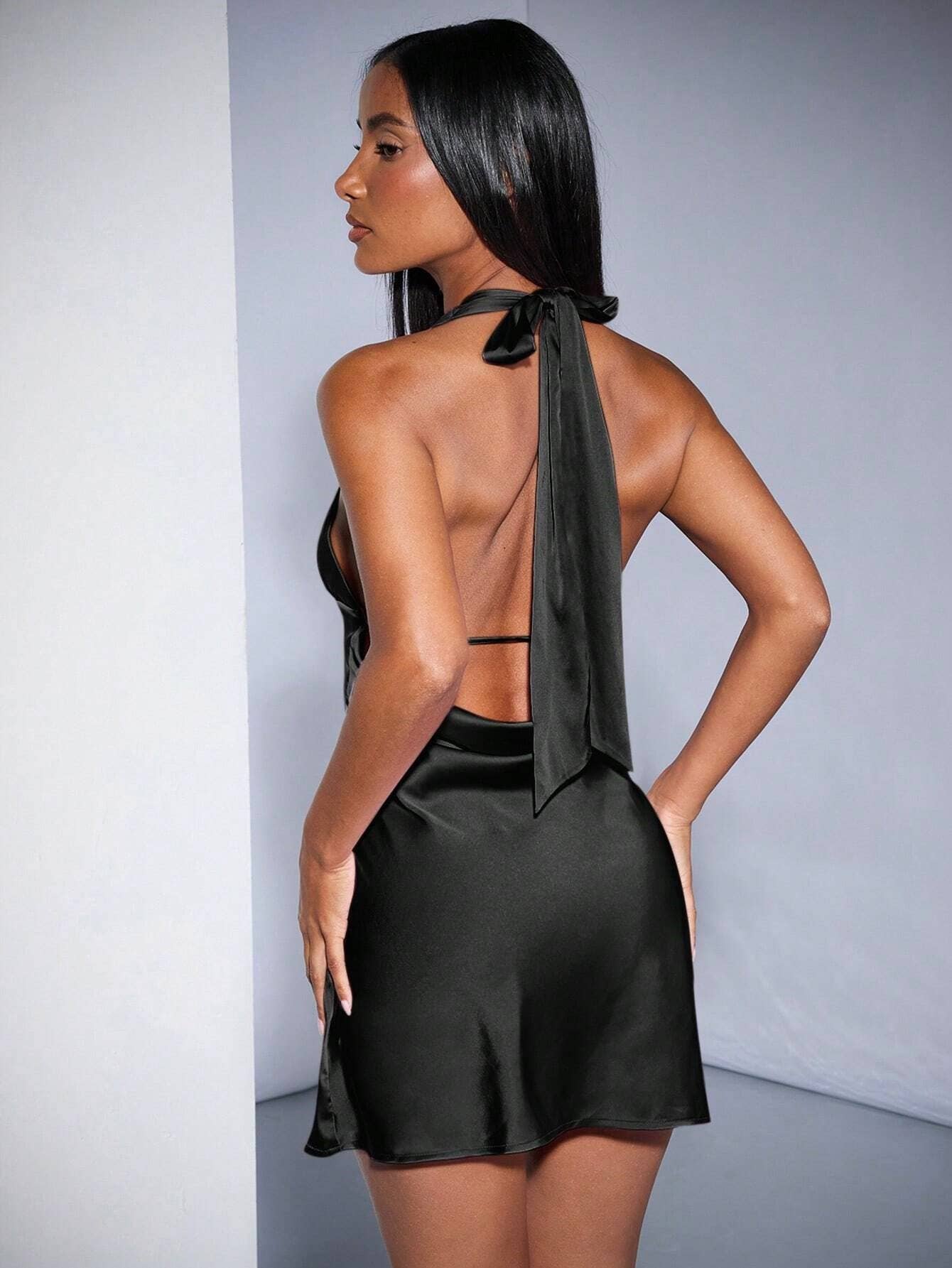 Sexy off-the-neck satin solid-color short dress