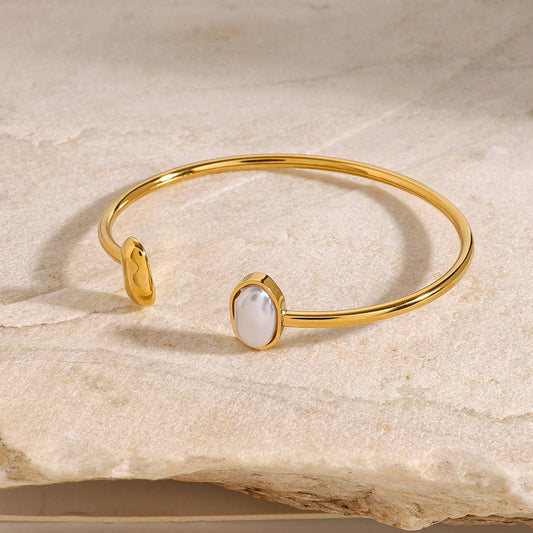 Elegant Pearl Open Cuff Bracelet in StainlessSteel